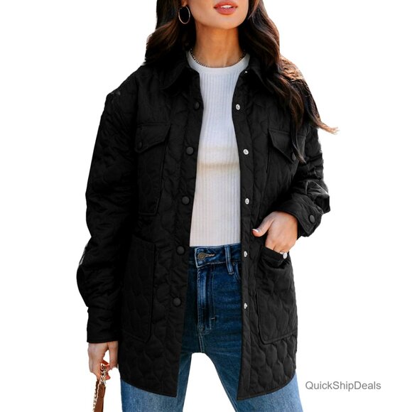 Lightweight Quilted Puffer Jacket with Pockets, Long Sleeve Button Down - Picture 1 of 7